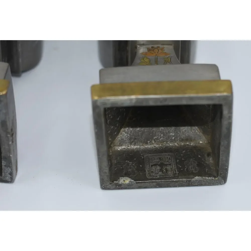 Chinese Pewter & Brass Temple Alter Candlesticks Joss Stick Holder Garniture